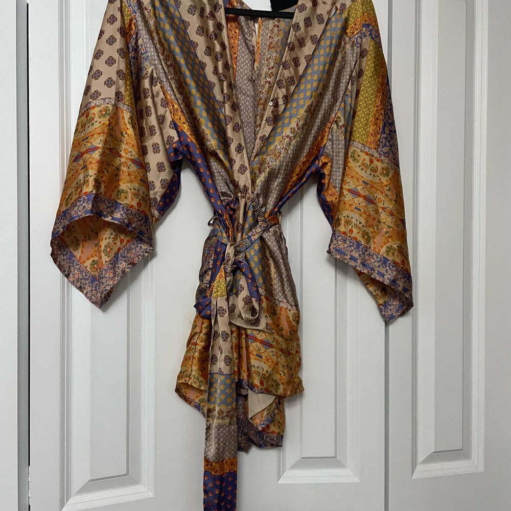 Vici Multicolor Paisley Kimono-Style Jumpsuit Romper - Beige, Gold, Purple